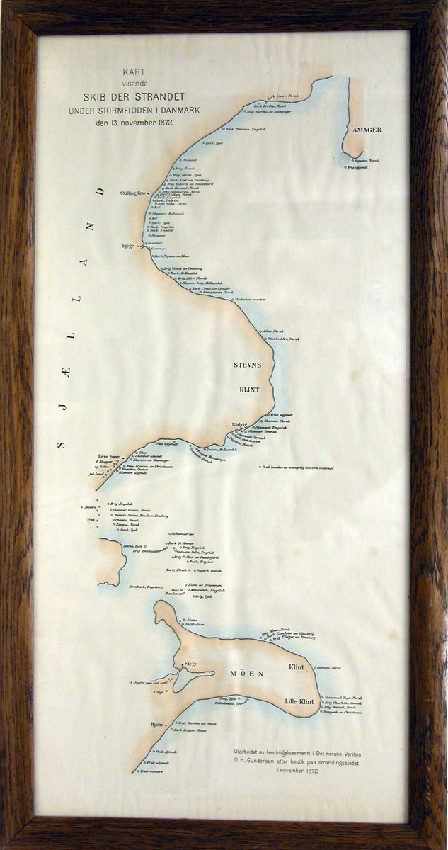 Kartet viser et utsnitt av Danmarks strandlinje sør for København, med en rekke båtnavn påskrevet.