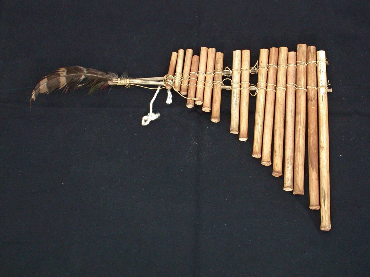 18 piper av bambus/siv? Festet med snor på to tverrgående ribber av siv. To fuglfjær knyttet fast i ene enden på en av de tverrgående ribbene.
