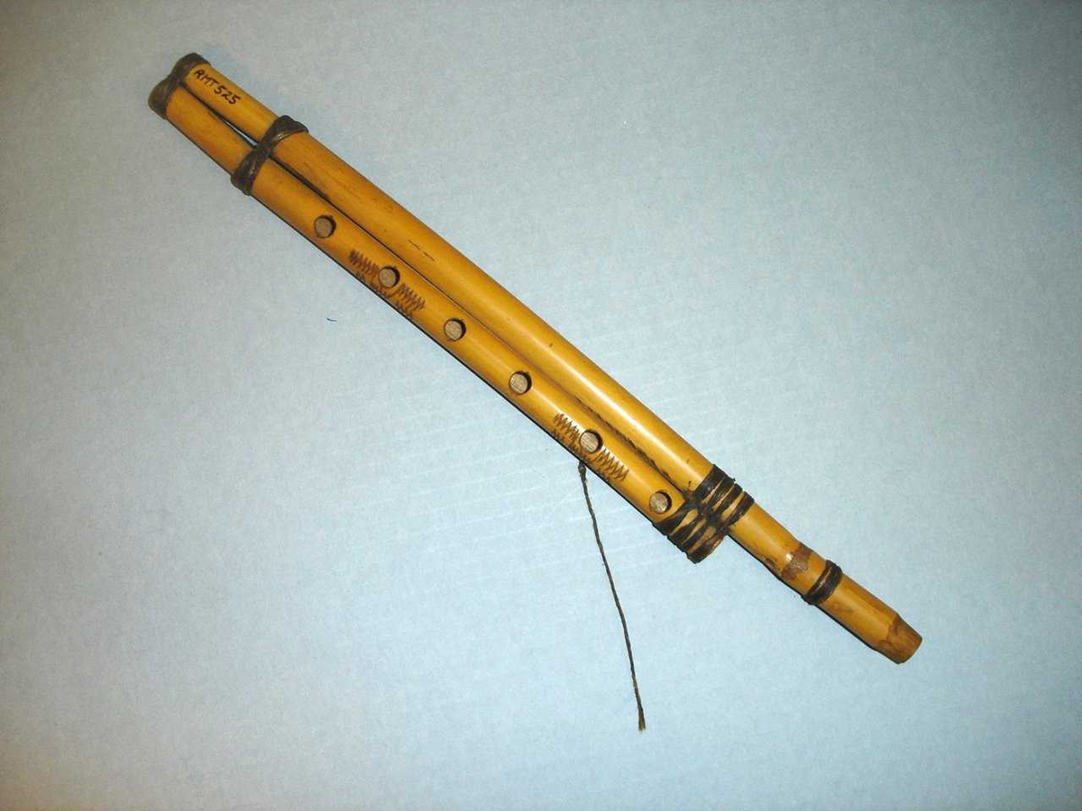 Dobbelklarinett av bambus. 2 rørpiper er forbundet til hverandre langsetter, den ene 6 hull, den andre ingen. Munnstykkene er forbundet til fløyten med en snor. Melodipipen dekorert med innskårne hakk.
