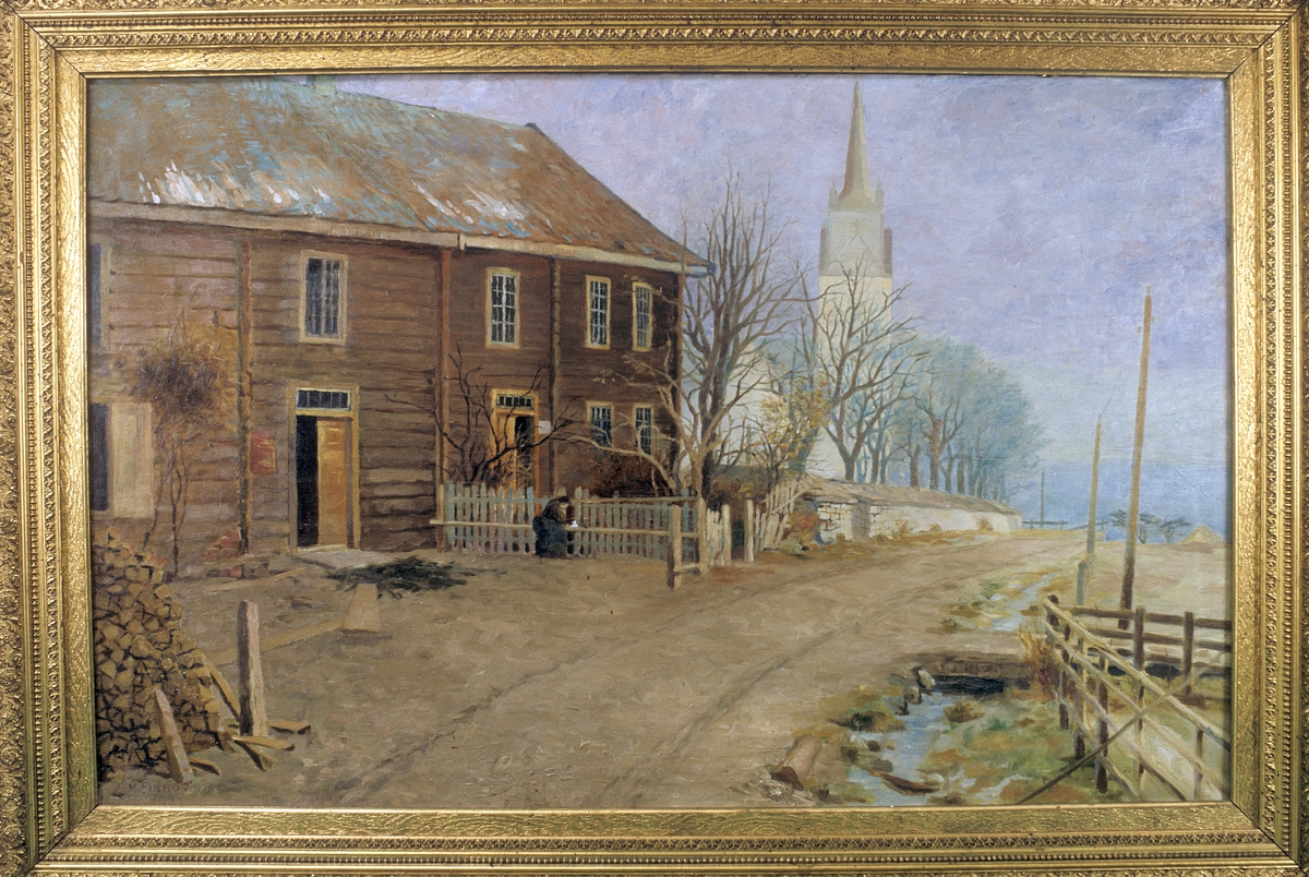 Maleri,  Tingnes, landhandel, Nes kirke. Malt av Martin Finborud (1861-1930) i 1895. 