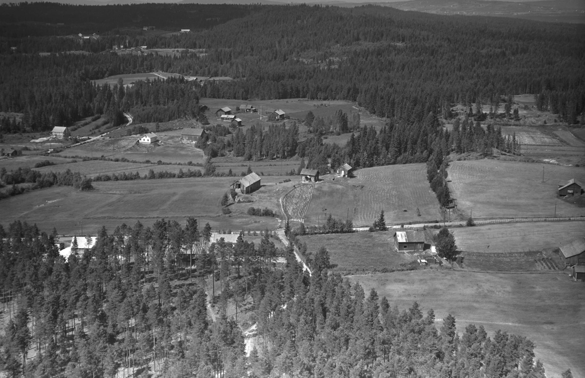 Hogstad (Gnr 39/11) i Hogstadgrenda i Heradsbygda midt i bildet. Lengre unna (bak skogtappen) Hogset (Gnr 85/1)