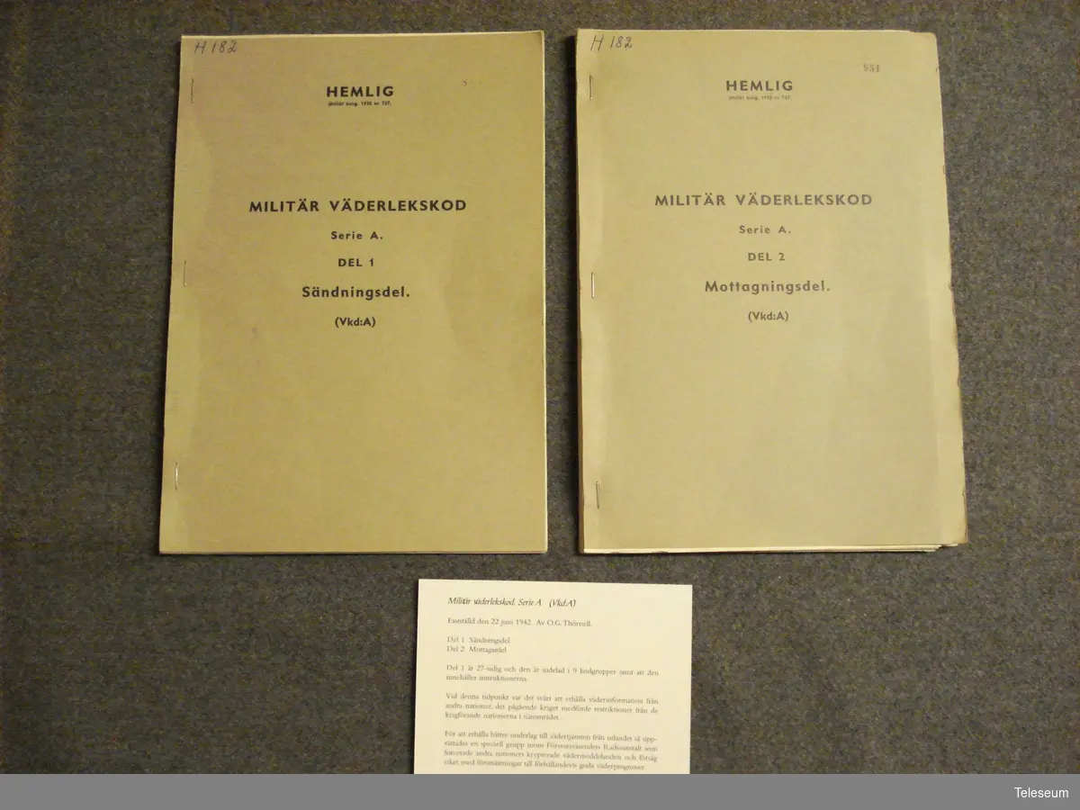 Tvåp delar, en sändningsdel och en mottagardel.
Fastställd den 22 juni 1942 av O.G. Thörnell.
För kryptering och dekryptering av vädermeddelanden.