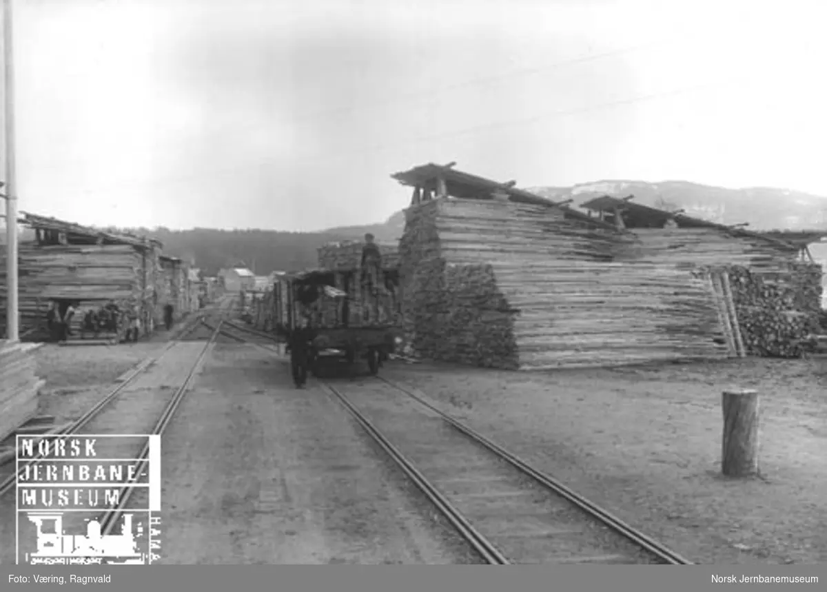 Trelastlager og lastearbeidere på Steinkjer stasjon