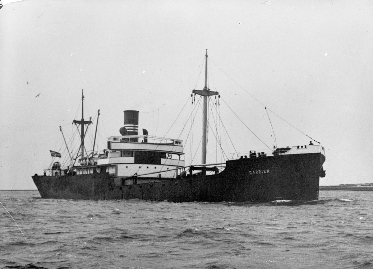 Dampskipet D/S "Carrier" nær land, med deler av mannskapet på tak av styrehuset og baug. Land i bakgrunnen.