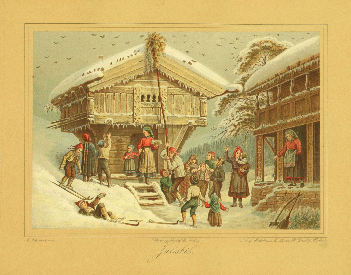 Litografi etter maleri av A. Tidemand. "Juleskik". Mennesker i gårdstun med stabbur, julenek, og skigåing.