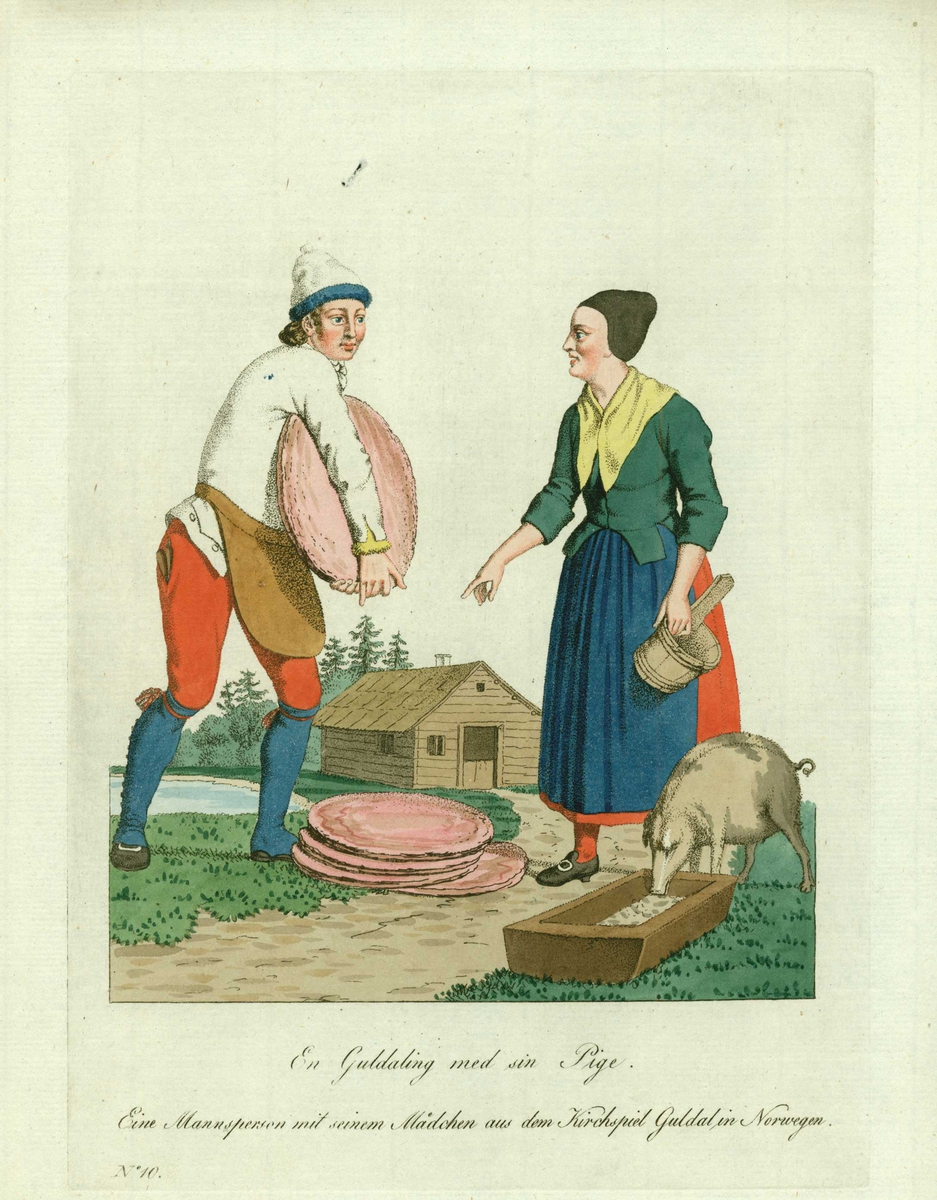 Mann og kvinne (jente) i folkedrakter fra Guldalen, Sør-Trøndelag, han med rund plate (stein?) under armen, flere i stabel på bakken, hun med lagget kar ved grisetro med etende gris.