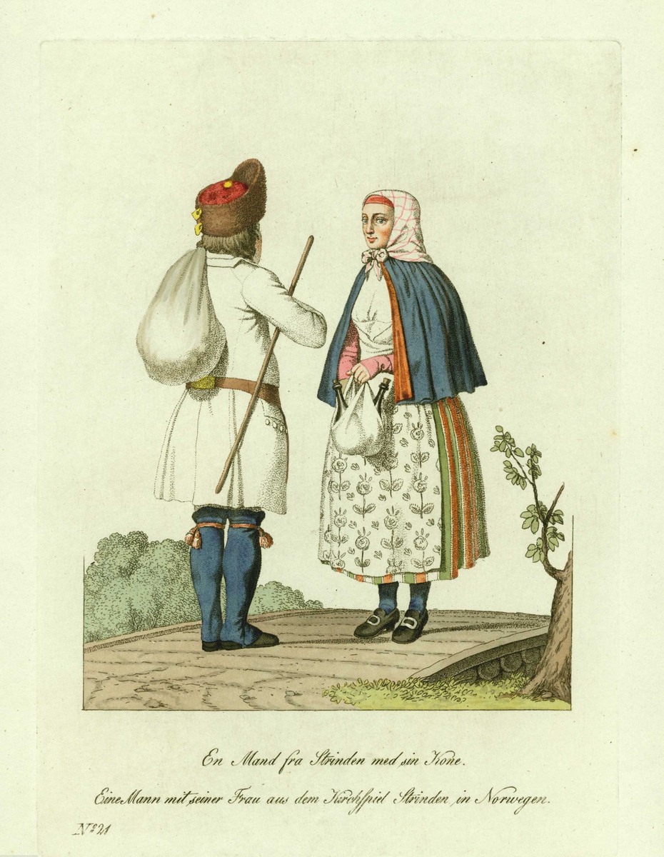Mann og kone i folkedrakter fra Strinda, Sør-Trøndelag, han med sekk på ryggen og vandrestav, hun med tøypose med flasker i hånden.
