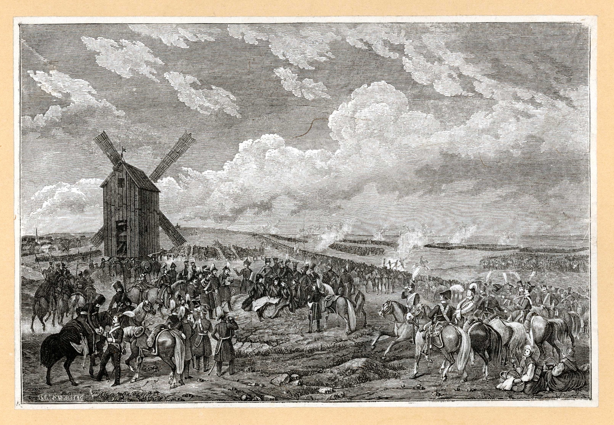 Slagscene med vindmølle. Fra felttoget mot Frankrike 1813. Karl Johan ledet de alliertes nord-armé.