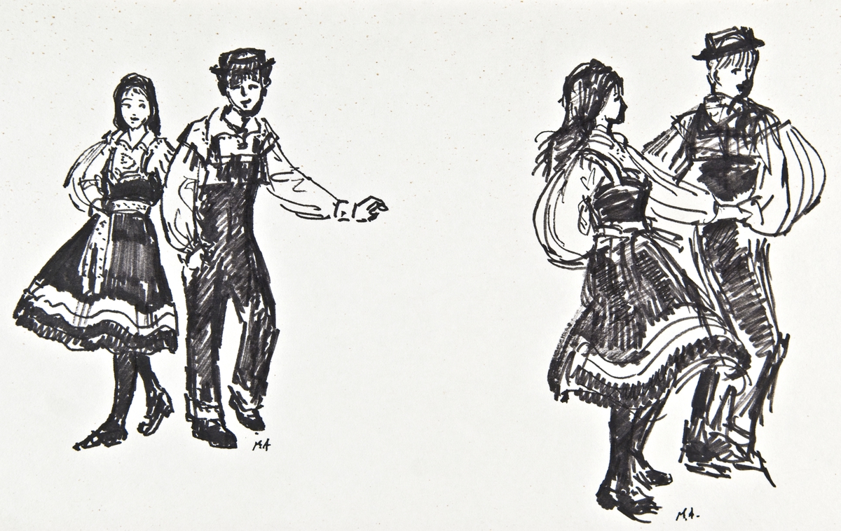 Dansende par i folkedrakter fra Setesdal.