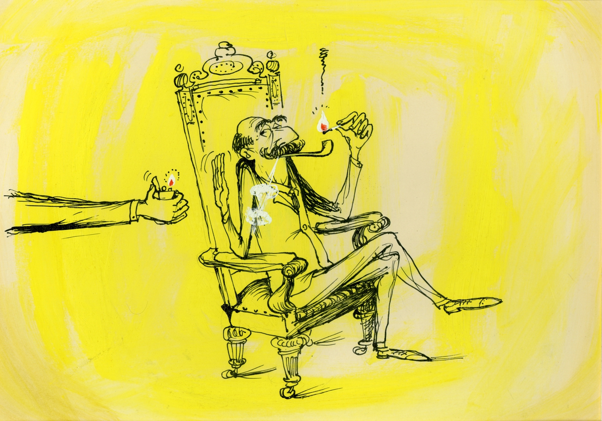 Fargelagt tegning av mann sittende og røke i en stol. Humoristisk.