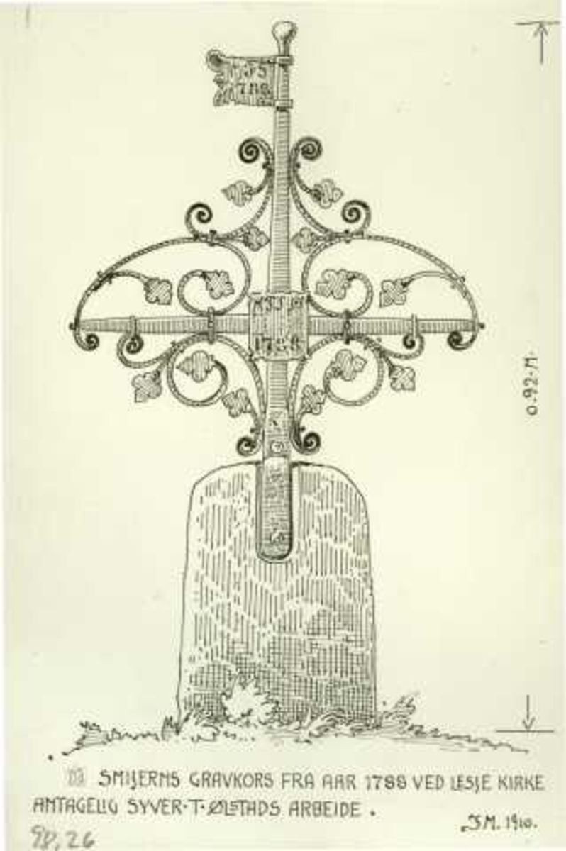 Johan Meyers tegning (1910) av gravkors fra 1788, Lesja kirke, Lesja, Oppland. Ant. laget av Syver T. Ølstad.                                                 
