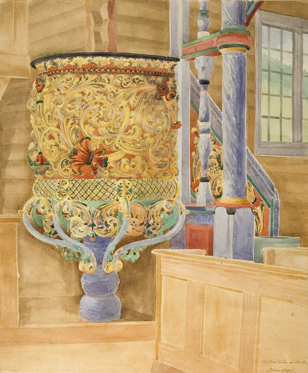 Johan J. Meyers akvarell (1908) av prekestol. Kvikne kirke, Vinstra, Oppland.