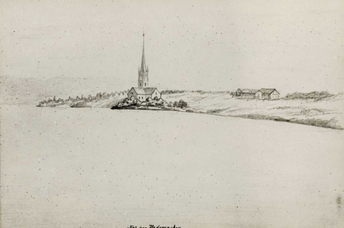 Nes, Ringsaker, Hedmark. Avfotografert tegning. Nes med kirke og gård sett fra Mjøsa. Fra dr. A. Arboes skissebøker 1851.