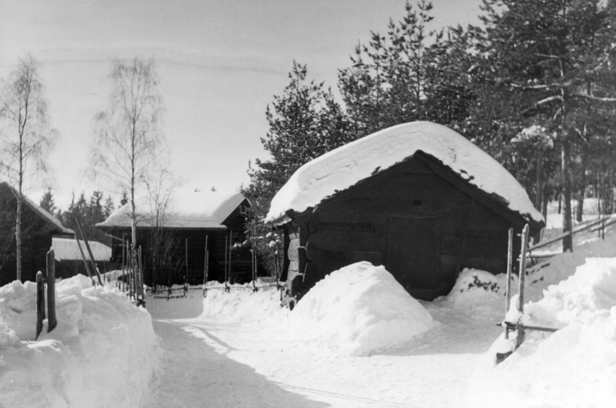 Badstue fra Åmlid i Valle (Setesdal). Fotografert i Setesdalstunet på Norsk folkemuseum (med utsikt mot Numedalstunet), 1948.