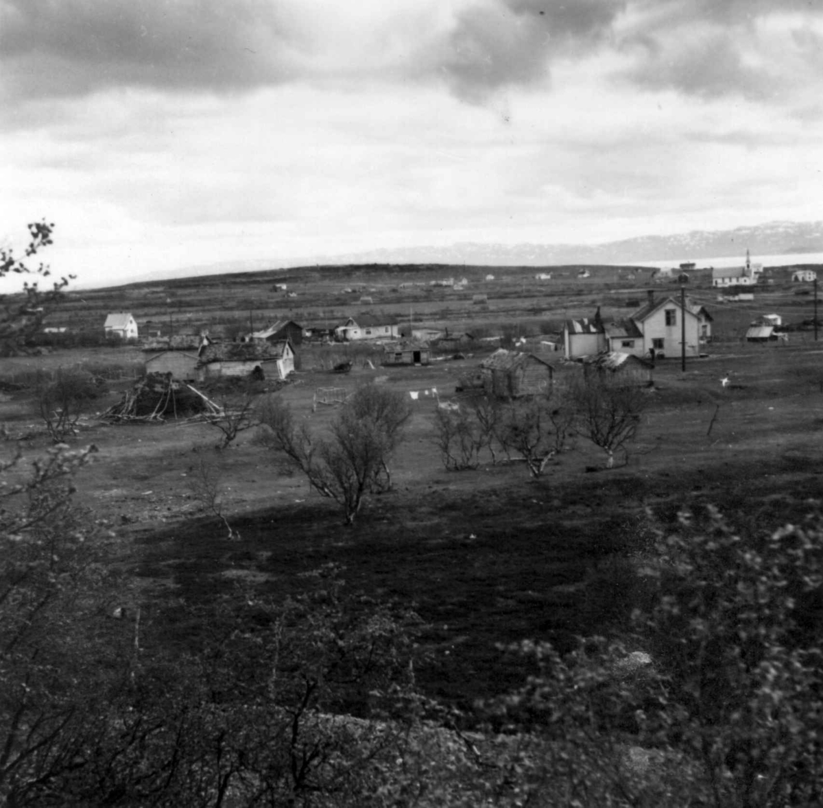 Siribakken, Vestre Jakobselv, Vadsø i Nord-Varanger. Oversiktsbilde, mot syd, med spredt bebyggelse og kirke bak t.h.
Foto ark. Kjell Borgen, 1951.