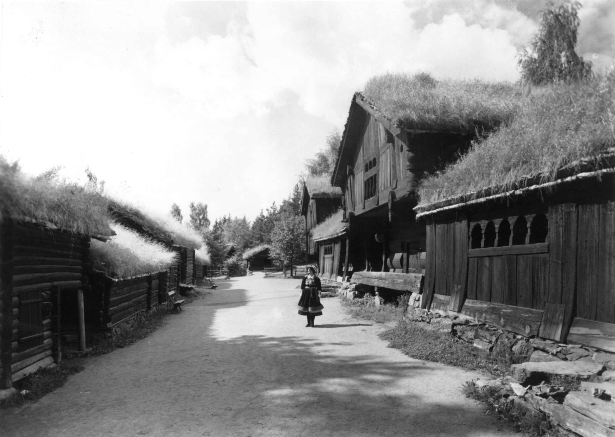 Setesdalstunet på Norsk folkemuseum. Fra høyre side av tunet, fra høyre: Kjellebergstua, Oseloftet, Åmlidstua og Brottveitloftet. Fotografert i 1954.