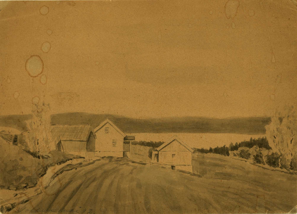 Vollen, Asker, tegnet 1892. Gulig kartong. Utsikt mot fjorden med gårdsbruk.