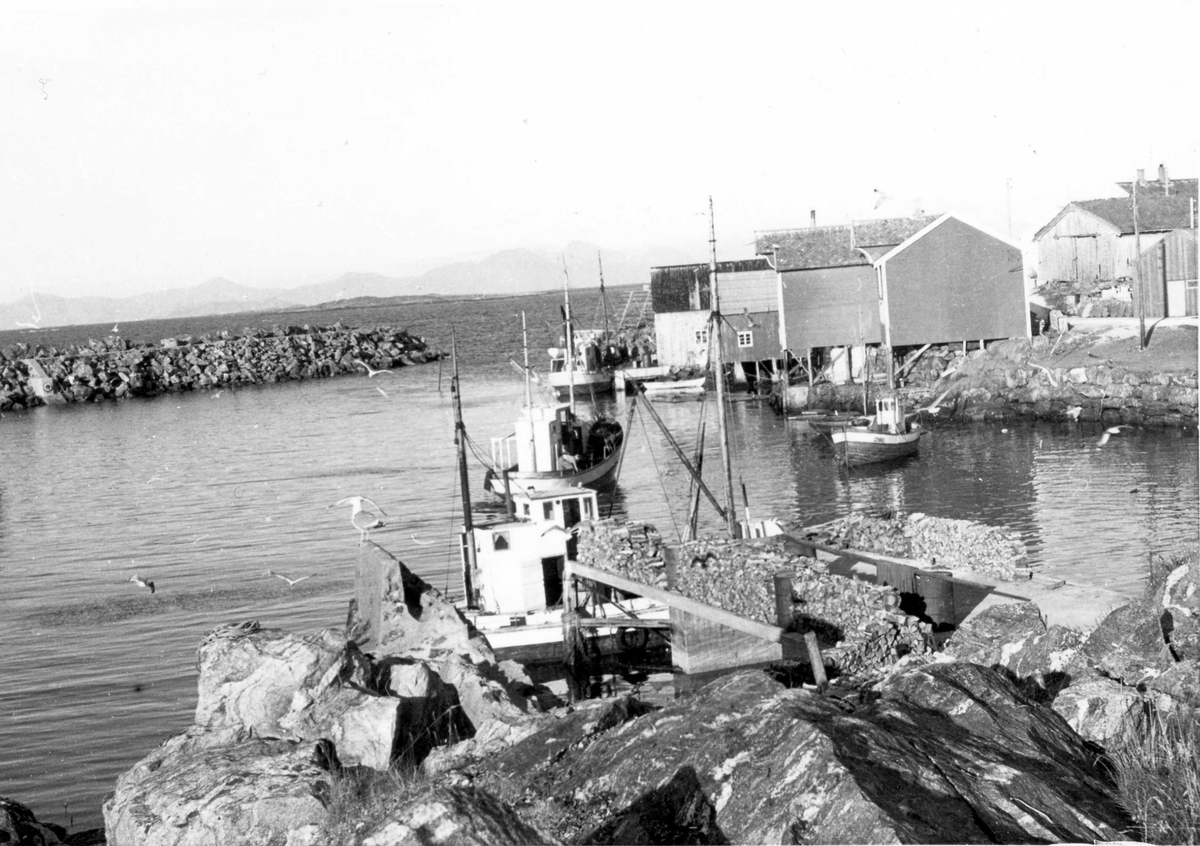 Fra Ona, Møre og Romsdal, 1948.  Båten lengst borte er antakelig Storsund 2.  Den ligger til kai ved Tangenbua.