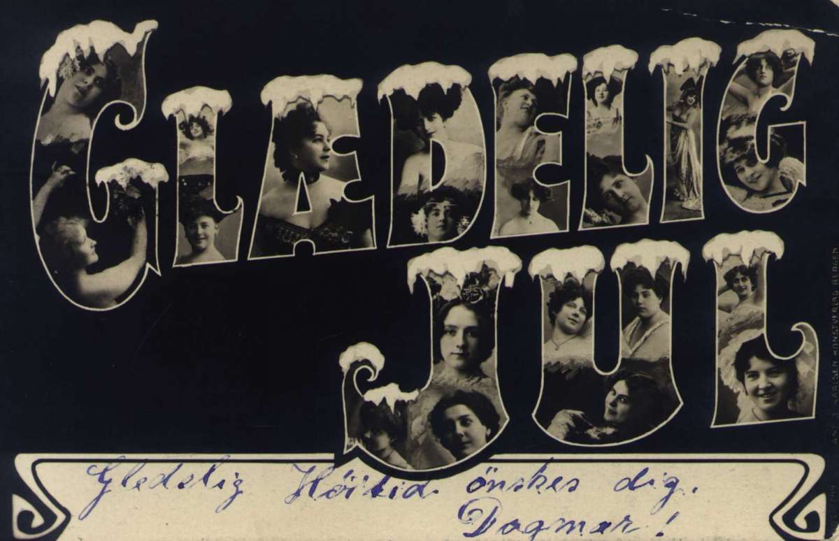 Julekort. Julehilsen. I teksten "Glædelig Jul" er det trykket kvinneportretter i svart/hvitt. Svart bakgrunn. Stemplet 23.12.1904.