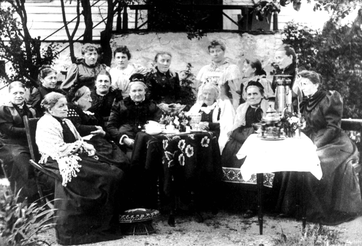 Gruppeportrett, Døsen gård, Luster, Sogn og Fjordane, ca. 1900. Dameselskap i hagen foran den gamle hovedbygningen på Døsen gård (Nygård).