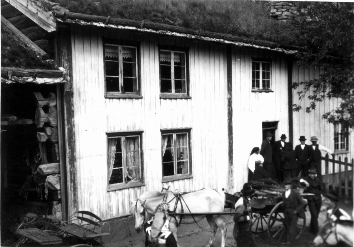 Bryllup, Valle, Setesdal, Aust-Agder, antatt 1924. Hestekjøretøyer og personer foran våningshus. Fra "De Schreinerske samlinger" (skal oppgis).