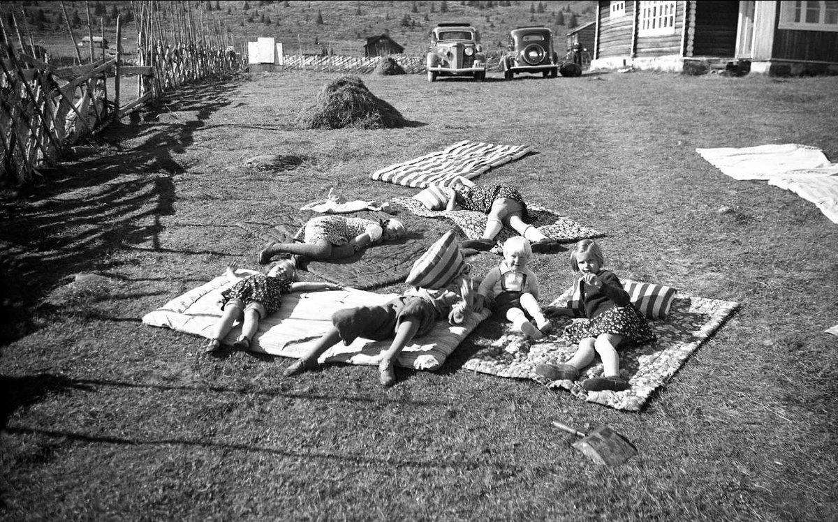 Gurisetlia på fjellet mellom Gol og Valdres. Barna til familiene Arentz og Ramstad ligger på tepper på vollen.
To biler i bakgrunnen. 1939.