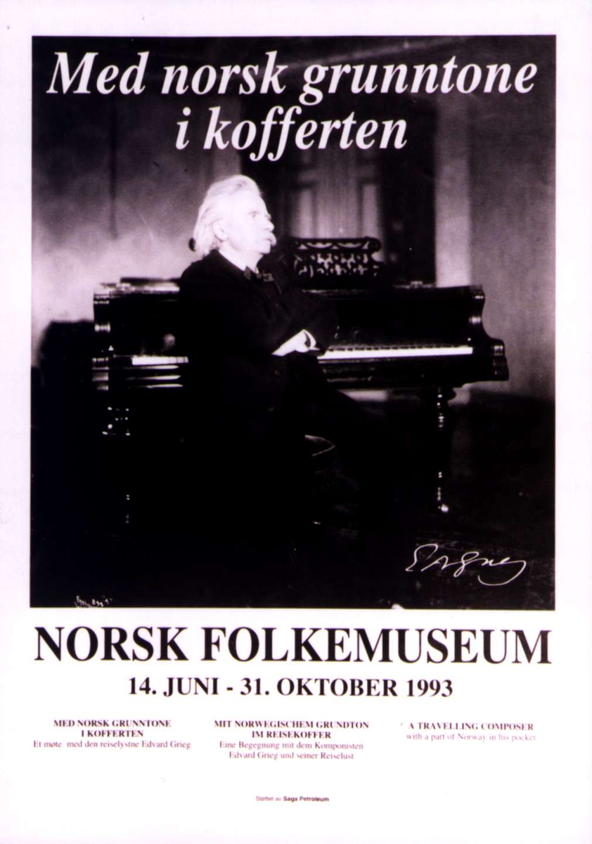 Plakat. Utstillingen "Med norsk grunntone i kofferten" på Norsk Folkemuseum i 1993.