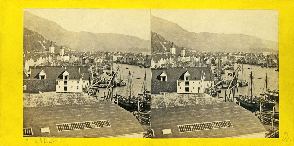 Stereoskopi. Parti av Bergen, Hordaland med bryggen og havnen.