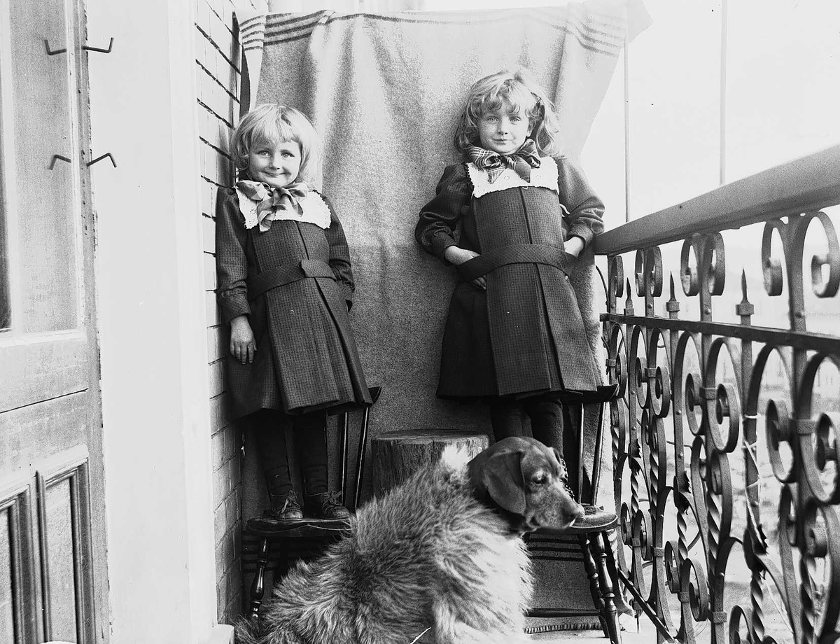 Karen og Gudrun Q. Wiborg med hund fotografert på balkong, antatt  Meltzers gate 9, Oslo, 1899, mot opphengt bakteppe. 
