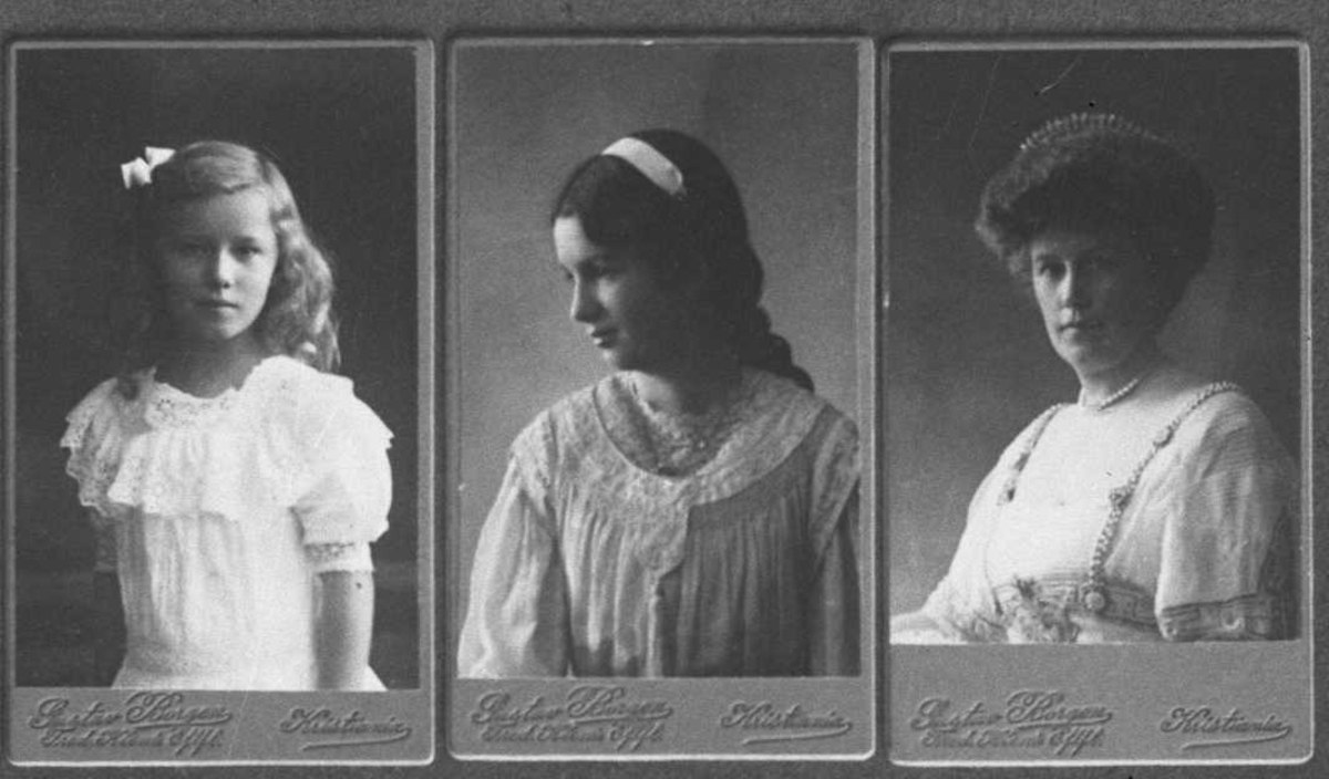Avfotografering av fire portretter i visittkortformat. En kvinne, to jenter og en gutt.
Gustav Borgens egne bilder.