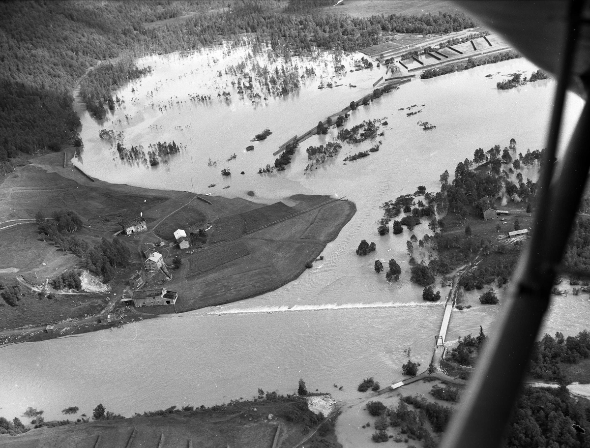 Svartisdalen, Meløy kommune, Nordland, 09.08.1954. Flyfoto av elv og gårder. Oversvømmelser.