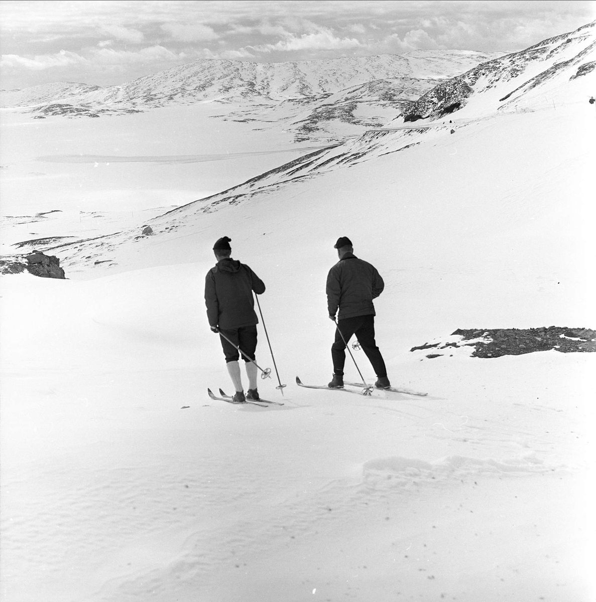 Bygdin, Vang, 1964. Fjellandskap med skiløpere.