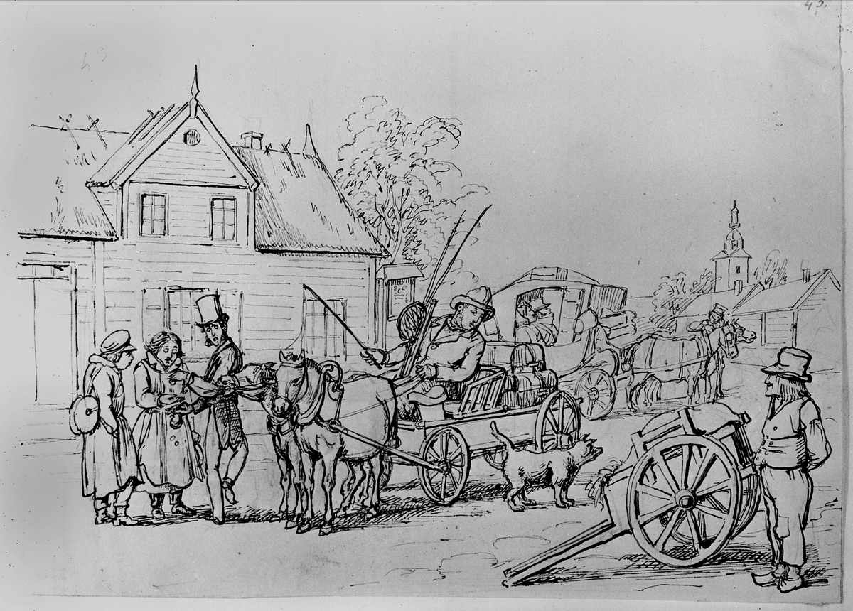 Exteriörmiljö från ett halländskt gästgiveri, till vänster: en betalande resenär. Teckning av Fr. v. Dardel (1817-1901) ur: "Mrs. Black&Smith. En route pour la Scandinavie". Handskrift.