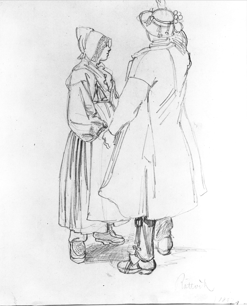 Rättvikskarl och kulla i kyrkdräkt på sommaren. Efter teckning av J.W. Wallander, 1857.