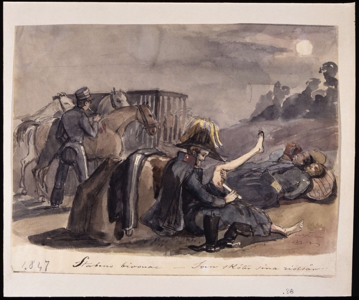 "Stabens bivouac – Sven sköter sina ridsår". Akvarell av Fritz von Dardel, 1847