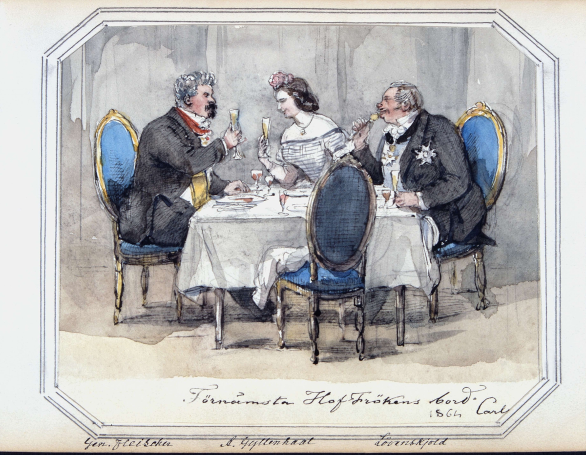 "Förnämsta Hof-Frökens bord". General Fleischer, Aurora Gyllenhaal, Lövenskjöld. Akvarell av Fritz von Dardel, 1864.