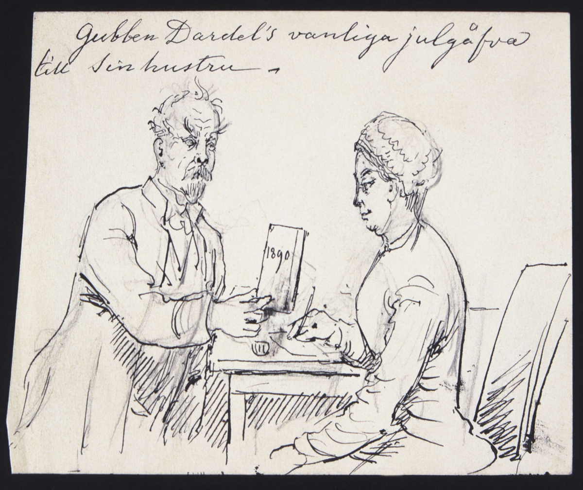 "Gubben Dardels vanliga julgåfva till sin hustru". Tuschteckning av Fritz von Dardel, 1890.