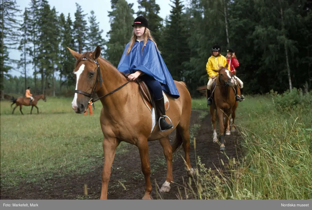 Fritid. Sport. Ridning. Marka ridläger för flickor utanför Östhammar. Några flickor rider på hästar. 