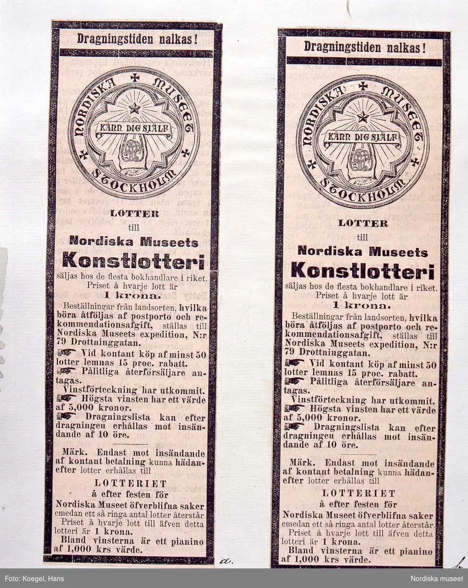 Tidningsklipp ur Karlstadstidningen 1888-10-20 och Kristinehamns tidningen 1888-10-25. Nordiska museets konstlotteri.