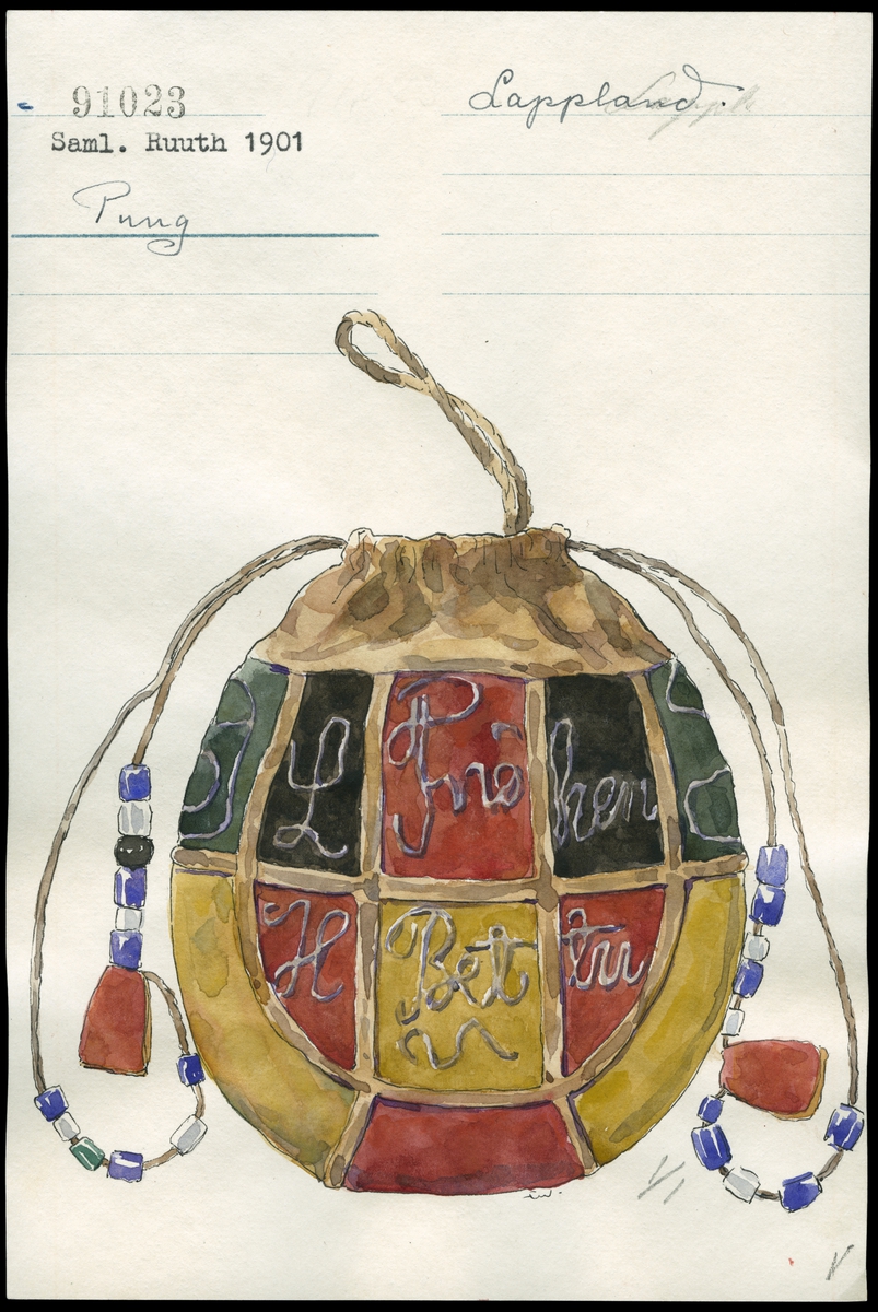 Katalogiseringskort, så kallad kataloglapp, från Nordiska museet. Föremål inv.nr NM.0091023, tobakspung från Lappland. Akvarellerad teckning avbildar föremålet.