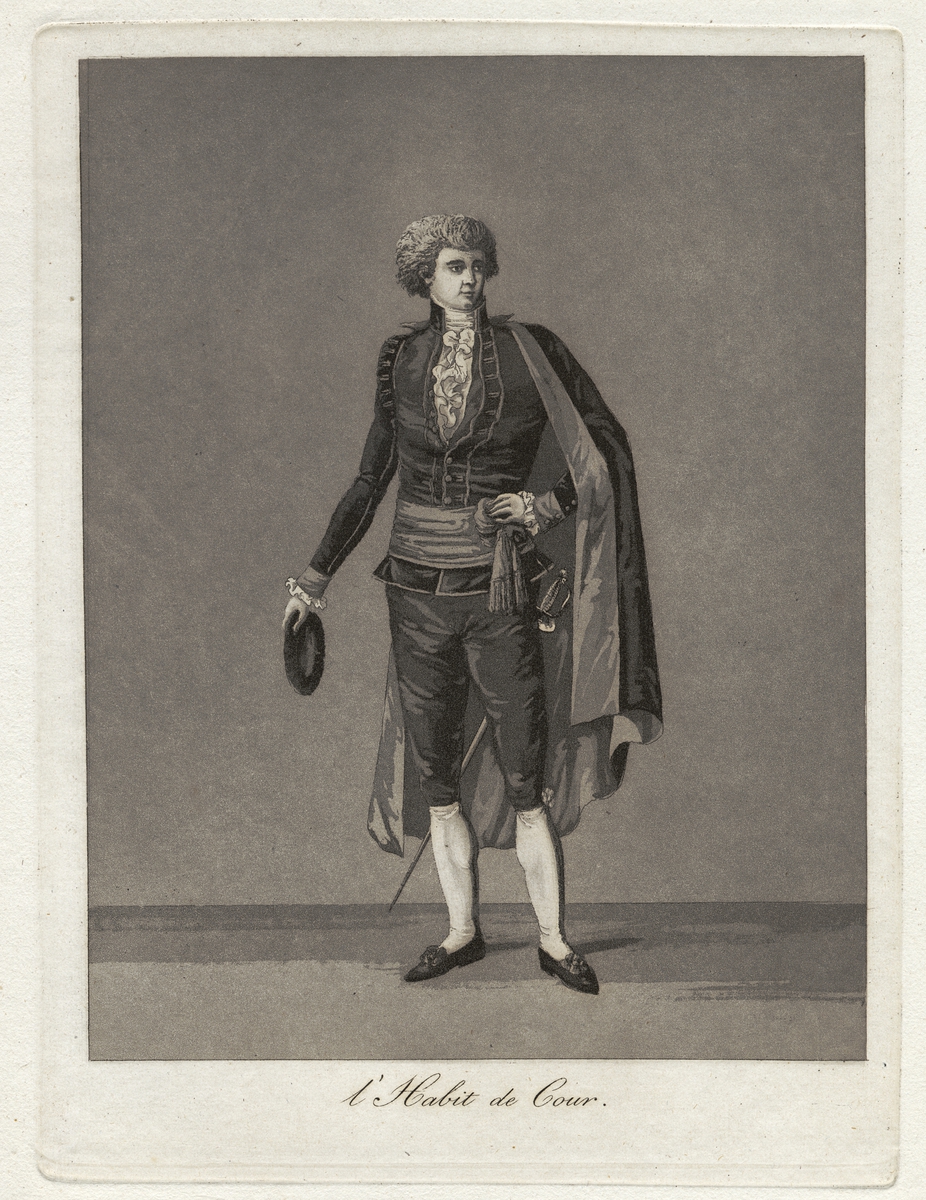 Gustaf III:s nationella dräkt/svenska dräkten. "L'Habit de Cour." Herre i hovdräkt. Akvatint av Johan Abraham Aleander, trol. 1780-tal.