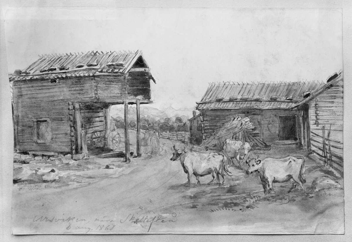 Teckning av Fritz von Dardel gjord den 8 augusti 1868 föreställande några byggnader i Ursviken nära Skellefteå