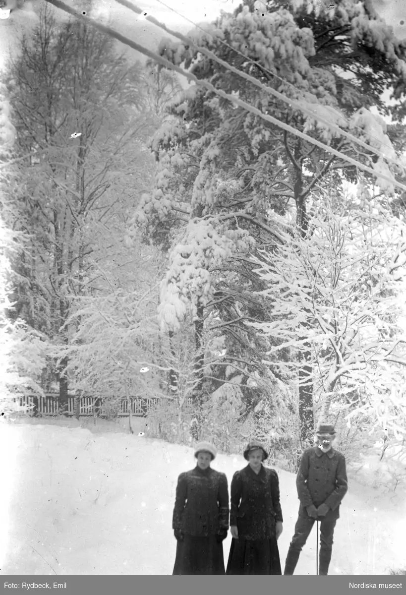 Vinterbild. Snöklädd park med figurer (Sigrid, Arne och Carin) från trappan av Villa Ellinge.