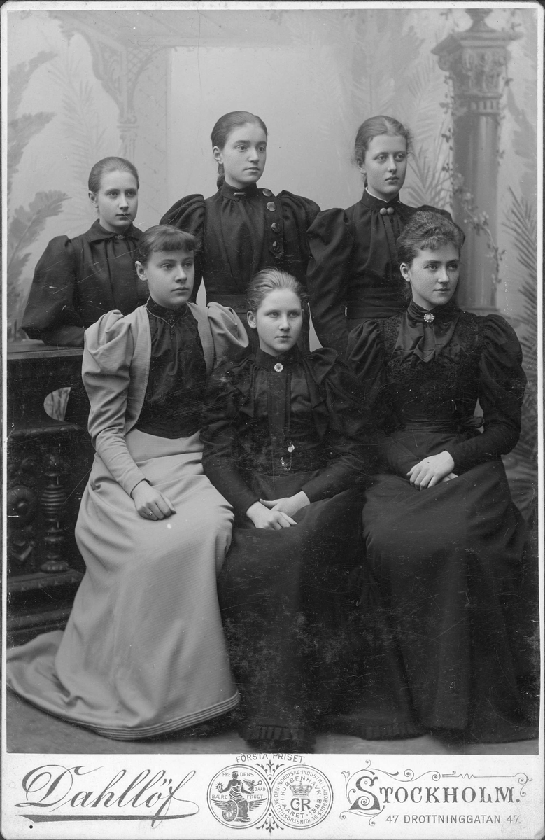 Kabinettsfotografi - kvinnor i finkläder. Gertrud Nilsson 3:a från vänster i bakre raden.