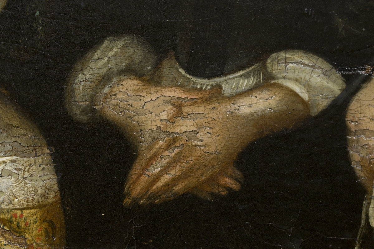 Todelt motiv. Familiportrett i nedre felt. Oppstandelsen i øvre felt.