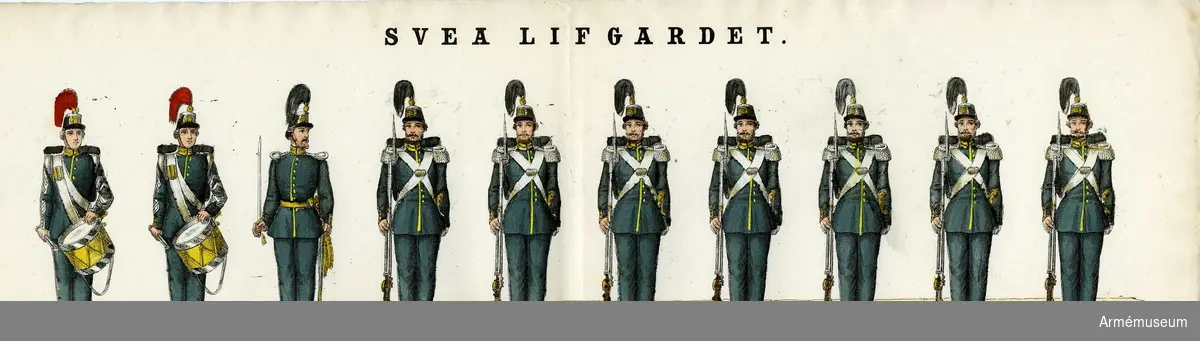 Grupp M I.
Kolorerad litografi föreställande "Svea livgarde". 13 st blad med 10 figurer vardera. H. Lederer i Stockholm (1860-69). 