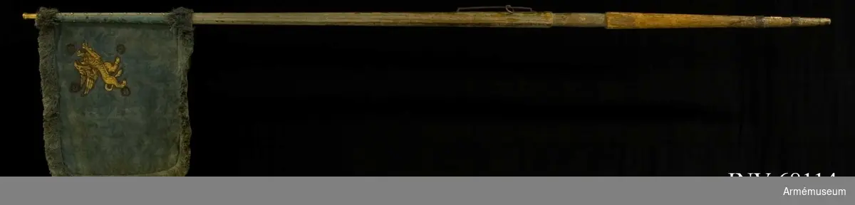 Duk:
Tillverkad av enkel blå sidendamast. Duken fäst med tre rader tennlickor på ett mönstervävt band.

Dekor:
Målad omvänt lika på båda sidor. I övre inre hörnet en gyllene grip vänd åt stången med röd tunga, omgiven av fyra silverrosor (mörknade). Östergötlands vapen.

Stång:
Tillverkad av gråmålad furu, kannelerad. Löpande bärring, nedtill lagad med två ca 30 mm breda järnband. Holk av förgylld mässing. Saknar spets.