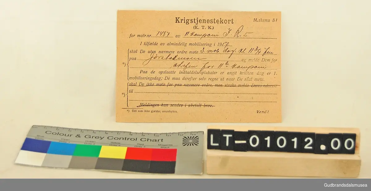 Krigstjenestekort i tynn kartong, for matr.nr. 1487 av 11. kompani, datert 1917.