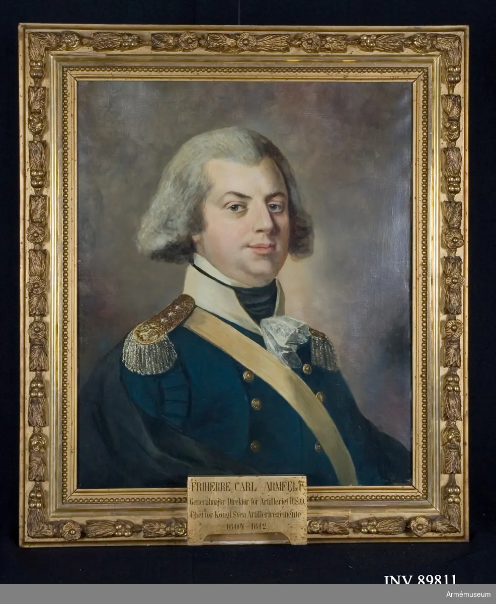 Carl Armfelt (1764-1846) var överste och chef för Wendes artilleriregemente 1797-1804 och chef för Svea artilleriregemente 1804-1812 samt fick generalmajors avsked 1816. Han är här avbildad som chef för Wendes artilleriregemente. 2016-05-06 MM.