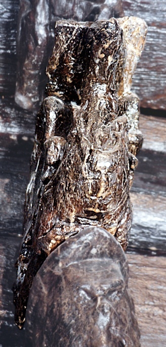 Konsol utformad som en fågel, dubbelsidigt skulpterad utmed de bägge långsidorna.
Fågeln har en kort och tjock hals, ett litet huvud samt en spetsig näbb. På huvudet sitter en kamliknande bildning. Benen hålls böjda under kroppen och stjärten är riktad nedåt. De kraftiga vingarna tycks vara lyfta till hälften. Kring halsen sitter ett halsband.

Större delen av skulpturens över- och undersida samt den smala baksidan upptas av anliggningsytor. Vinkeln mellan baksida och översida markeras av ett stort halvrunt urtag.
Bröstpartiet är slitet. Längs vänster sida har en kraftig sprickbildning uppstått.

Text in English: Console in the shape of a bird. Carved specifically  to be seen in profile.
The bird has a short, thick neck and small head with a comb-like formation. The legs are held bent under the body and the tail is angled downward. The powerful wings appear to be half-lifted.  Around the bird''s neck is a necklace of some kind.

The sculpture''s under- and topside and the narrow reverse side consist of attachment surfaces. The angle between the reverse side and the top side is marked by a large semi-circular recess.
Breast section severely worn. A large crack has formed along the left side.